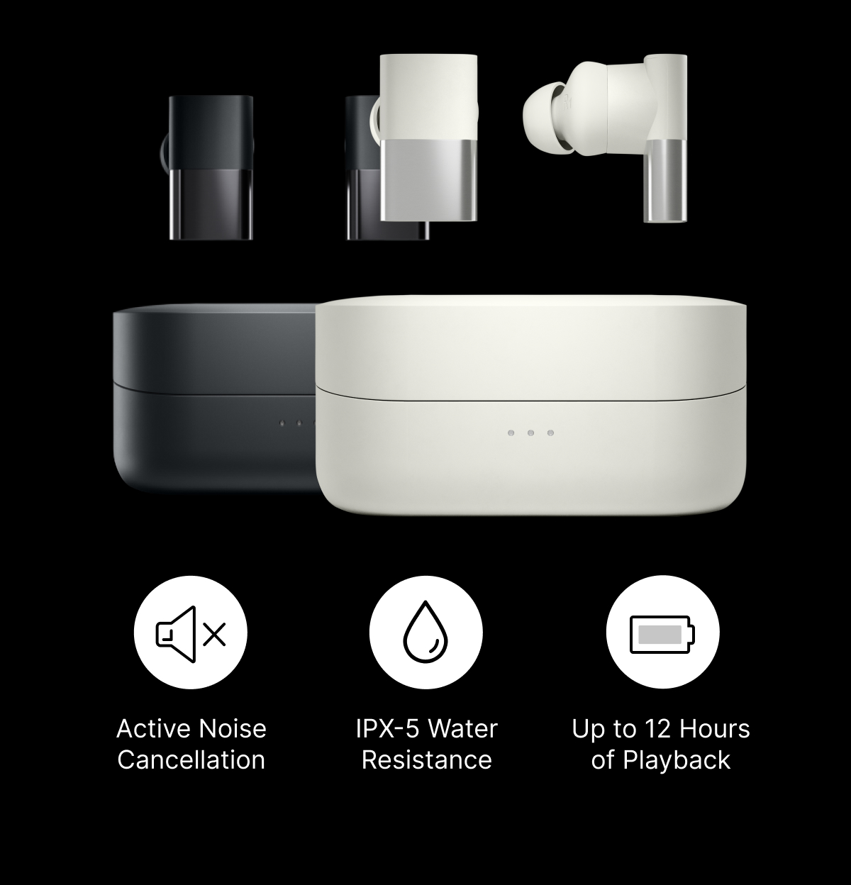 Between 3ANC - Active noise cancellation. IPX-5 Water Resistance. Up to 12 Hours of Playback.